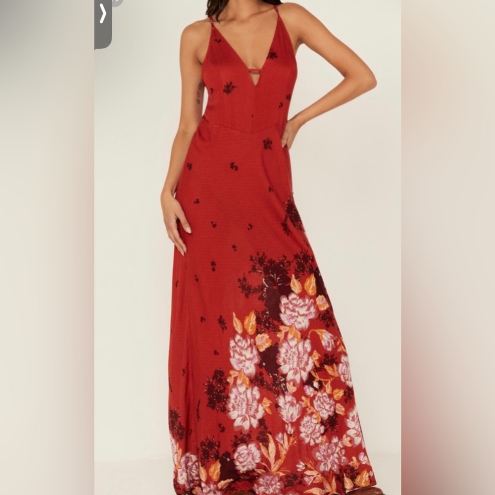 Free People Get To You Printed Maxi Floral Slip Dress Scarlet Combo - Small NWT